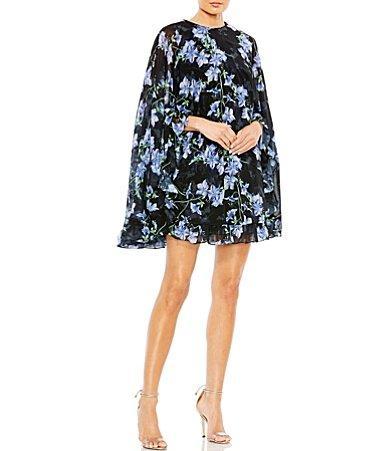 Ieena for Mac Duggal Floral Cape Sleeve Chiffon Trapeze Dress Product Image