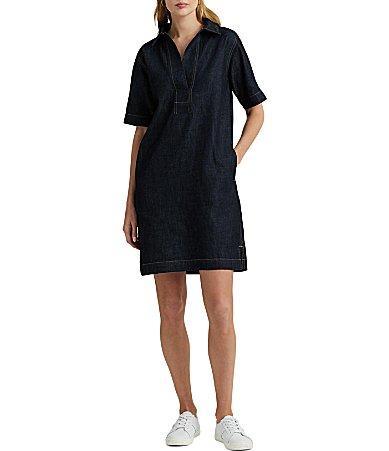 Lauren Ralph Lauren Denim Shift Johnny Collar Short Sleeve Shirt Dress Product Image