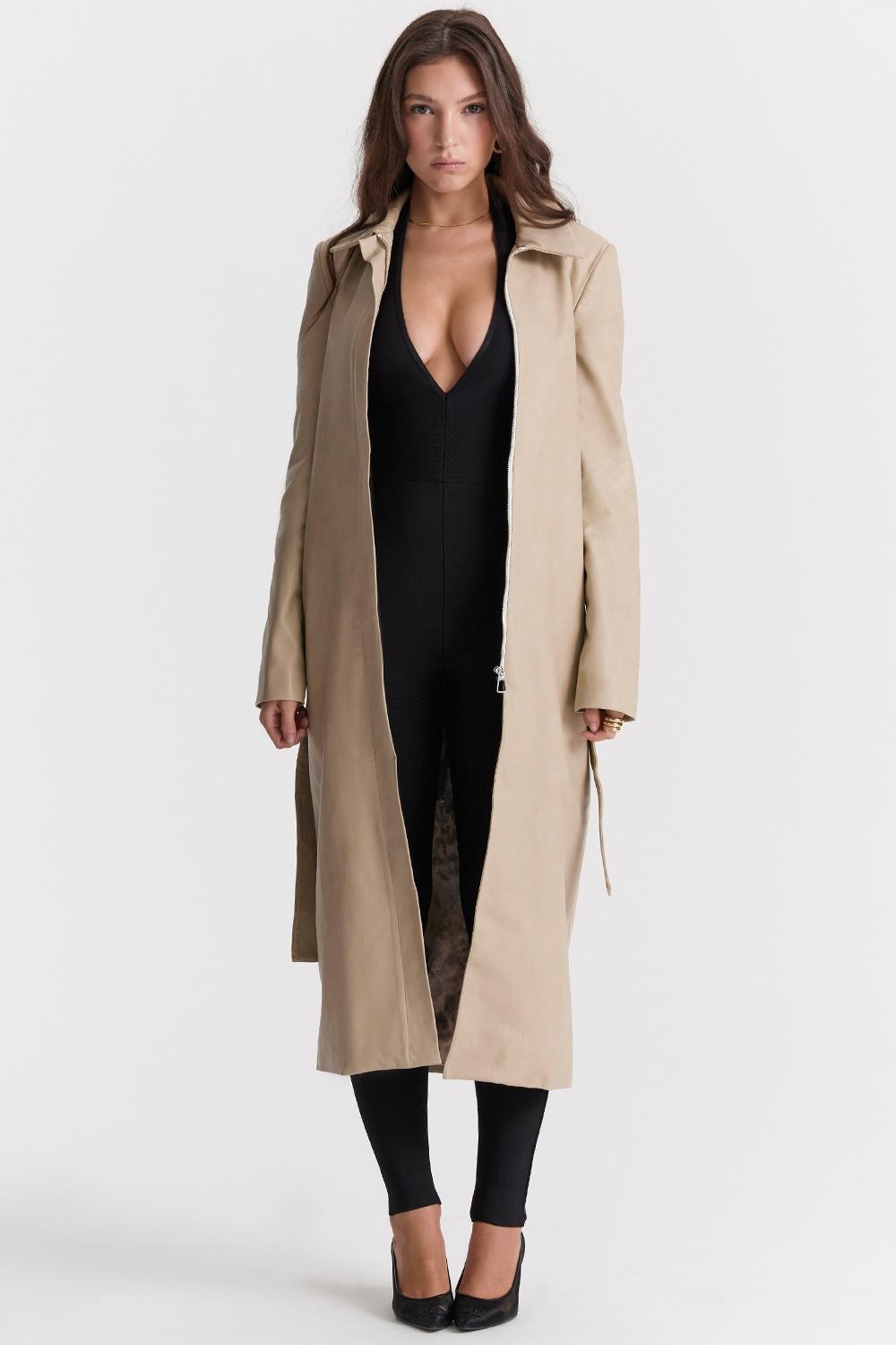 Ariel Beige Vegan Leather Trench Coat Product Image