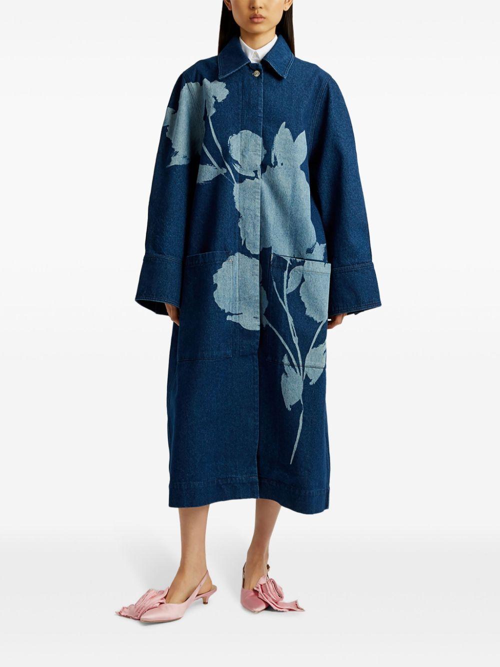 Denim Floral-printed Coat In Blue Product Image