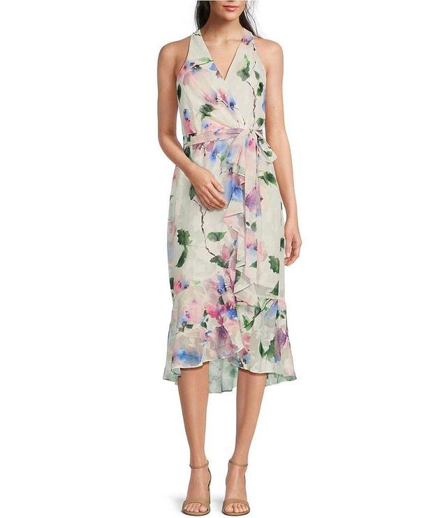 Adrianna Papell Chiffon Floral Print Surplice Neck Sleeveless High-Low Ruffle Dress Product Image