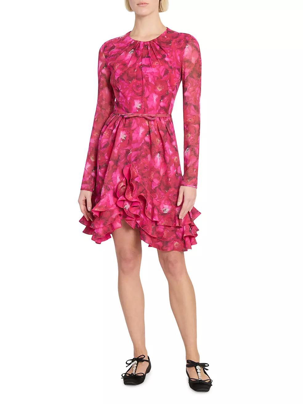 Floral Silk Long-Sleeve Minidress Product Image