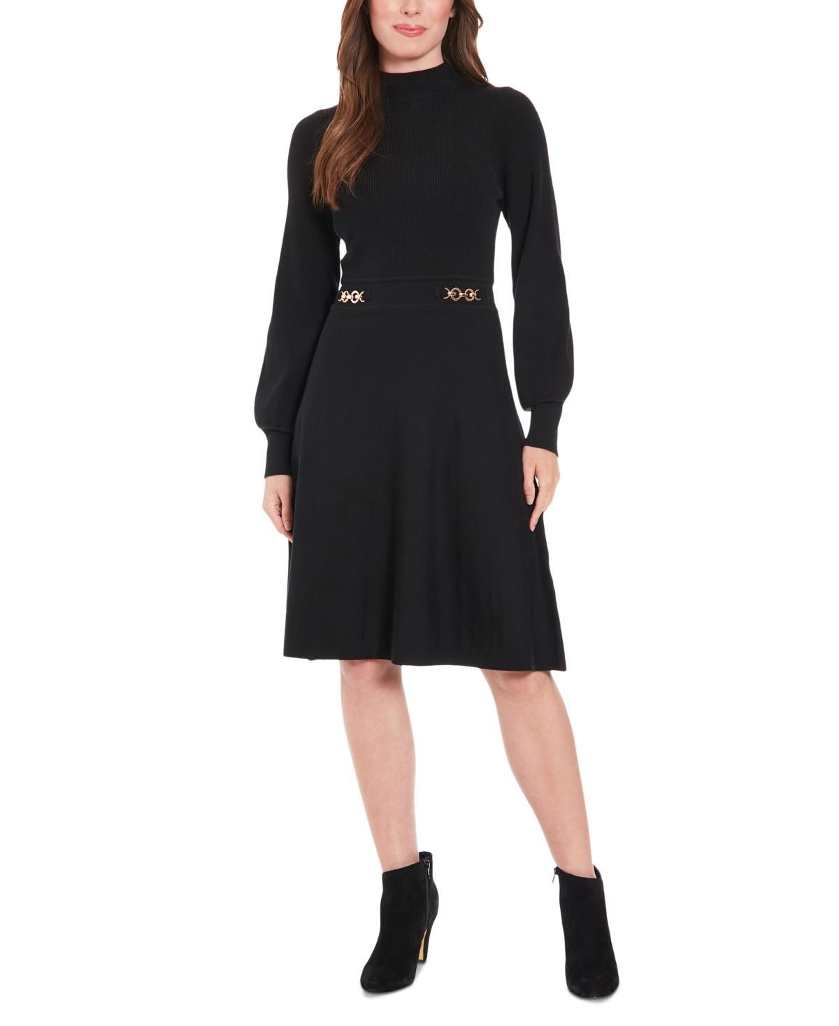 London Times Womens Mock Neck Chain-Trim Long-Sleeve Dress product image