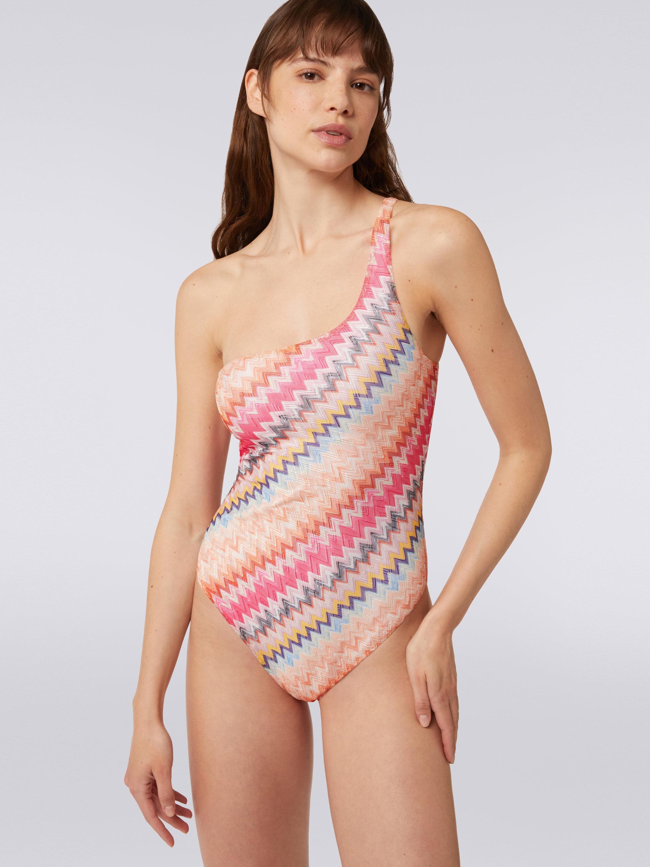 One-shoulder one-piece swimming costume in chevron viscose Product Image