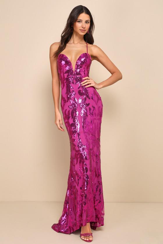 Glittering Sensation Magenta Sequin Lace-Up Maxi Dress Product Image