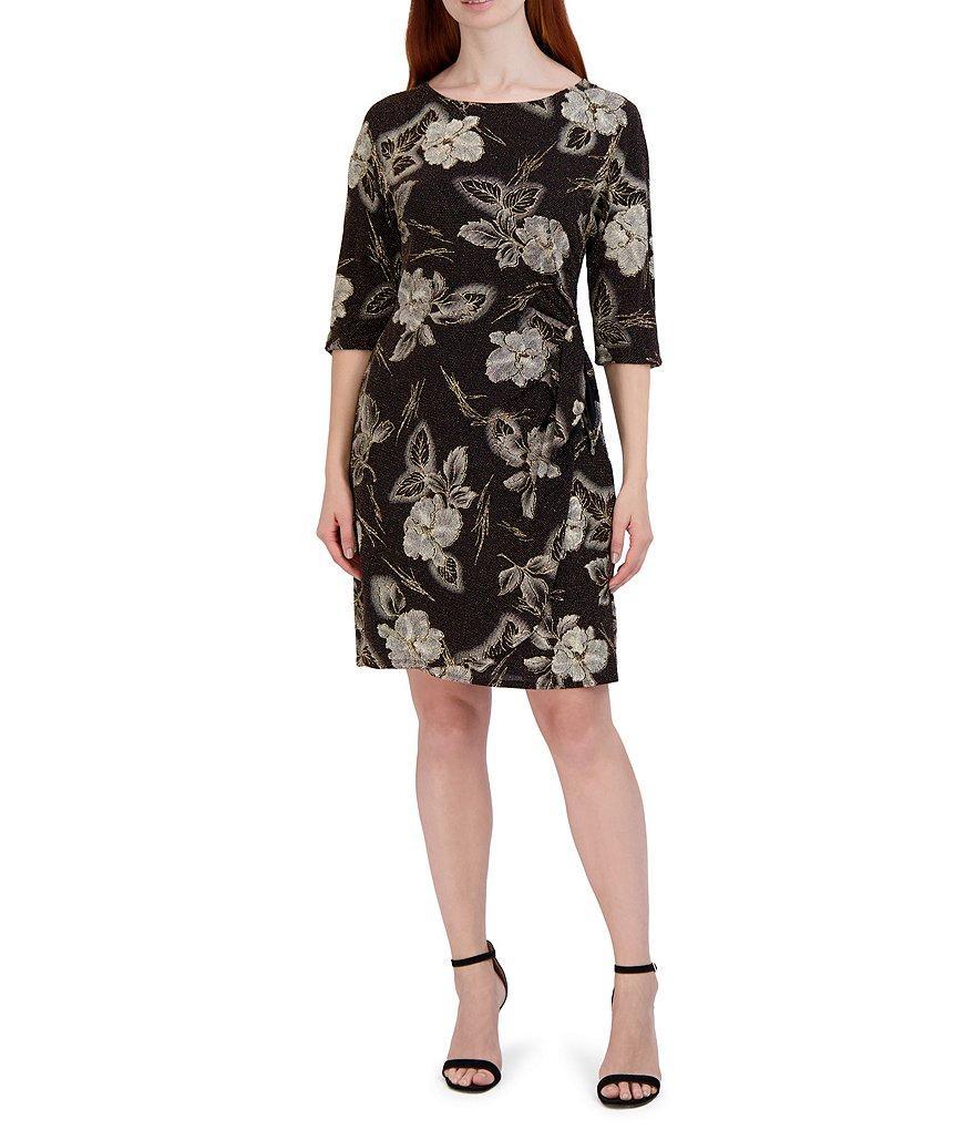 Robbie Bee 34 Sleeve Round Neck Floral Print Metallic Sheath Dress Product Image