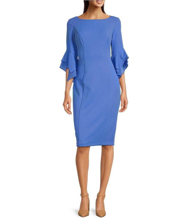 Adrianna Papell Stretch Crepe 3/4 Bell Sleeve Boat Neck Sheath Dress Product Image