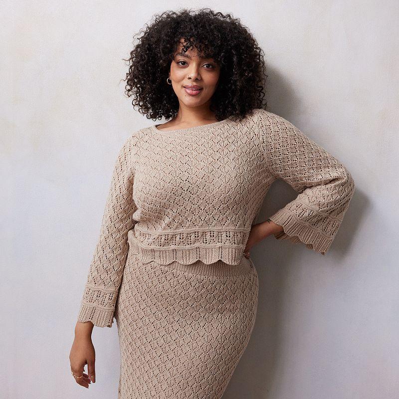 Plus Size LC Lauren Conrad Pointelle Bell Sleeve Scalloped Pullover Sweater, Womens Product Image