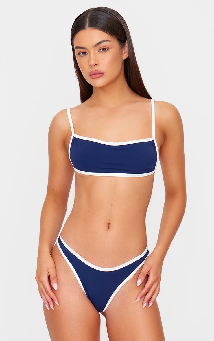 Navy Micro Contrast High Leg Bikini Bottoms Product Image