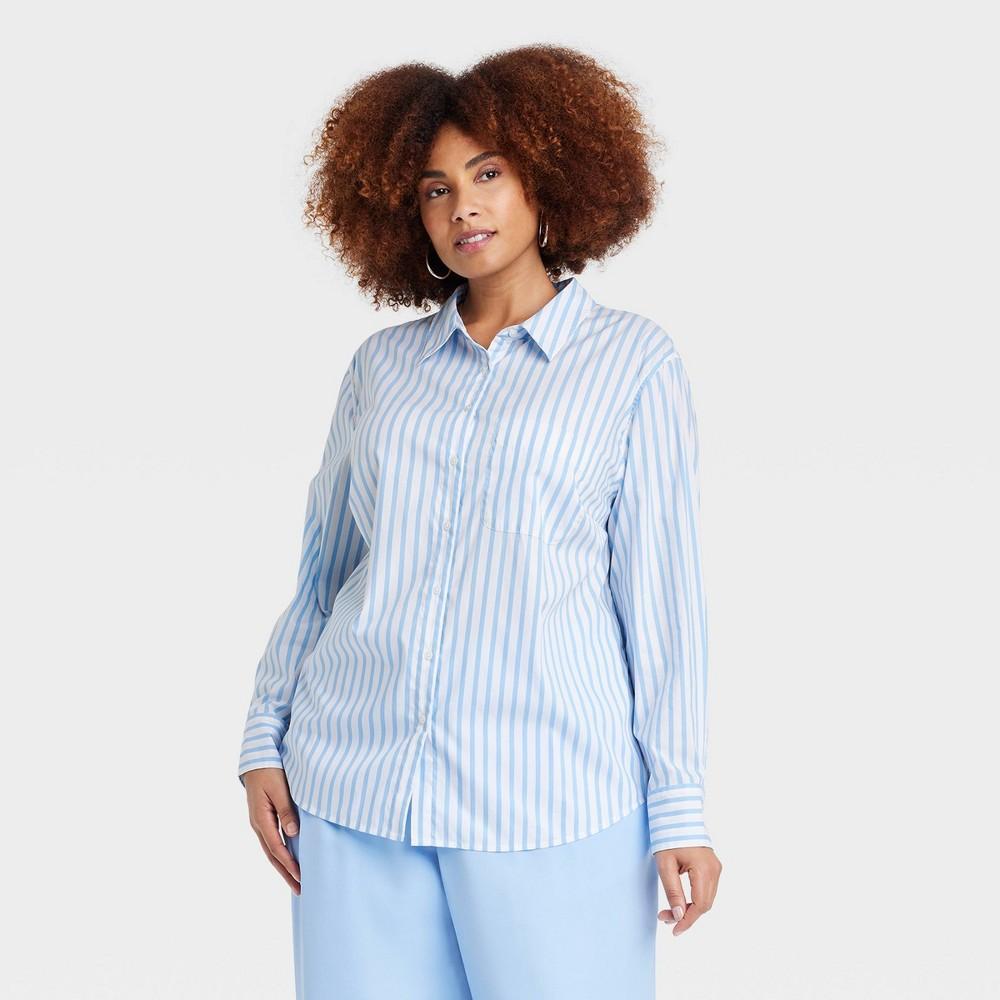 Womens Slim Fit Boyfriend Tailored Long Sleeve Button-Down Shirt - A New Day Blue/White Striped 1X Product Image