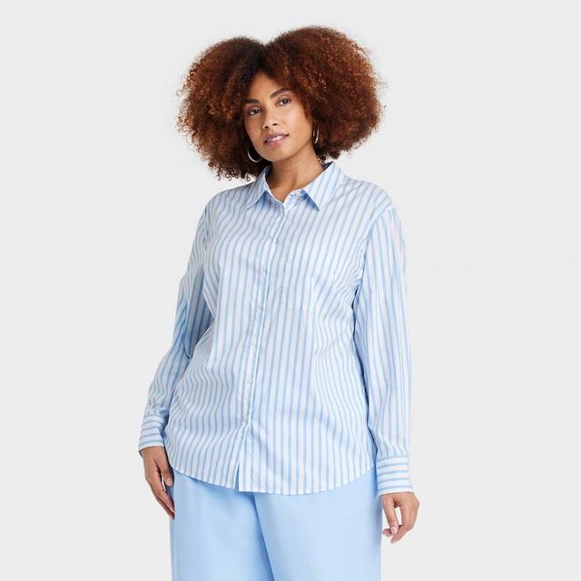 Womens Slim Fit Boyfriend Tailored Long Sleeve Button-Down Shirt - A New Day Blue/White Striped 1X Product Image