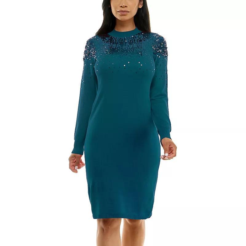 Womens Nina Leonard Sequins Sweater Dress Blue Product Image