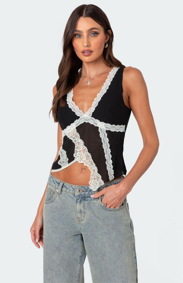 Edikted Women's Chiffon & Lace Sheer Asymmetric Top in Black/White - Product Image