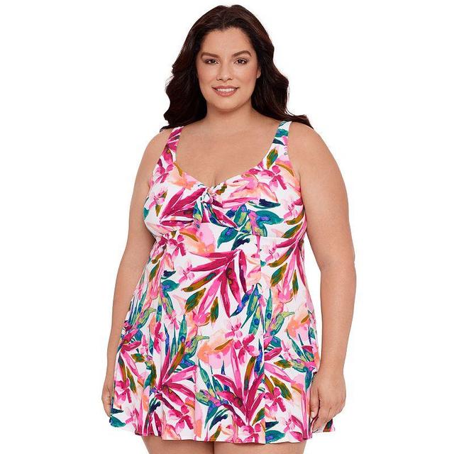 Plus Size Bal Harbour Floral Bow Front One-Piece Swim Dress, Womens Product Image