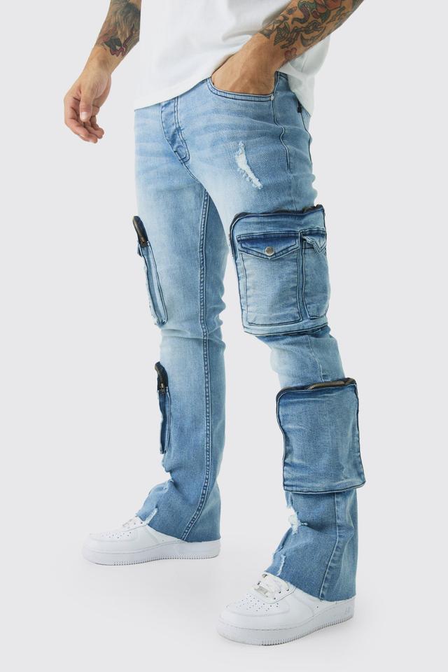 Raw Seam Stretch Skinny Ripped Cargo Flared Jeans | boohooMAN USA Product Image