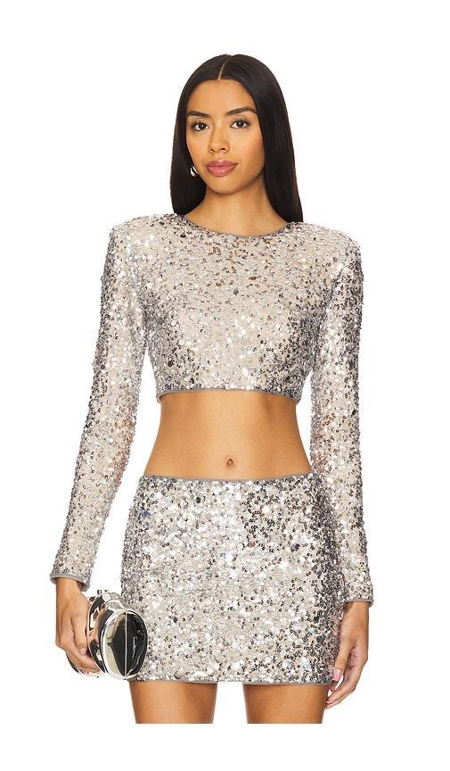 Lovers and Friends Crystal Sequin Cropped Top in Disco Silver Product Image