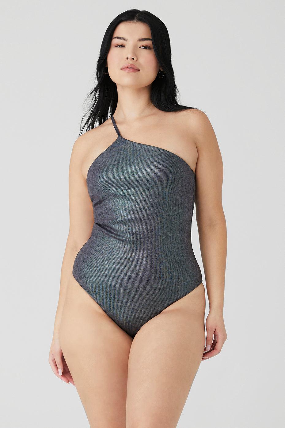 Alosoft Ribbed Shimmer Plie Bodysuit - Dark Grey Iridescent Product Image