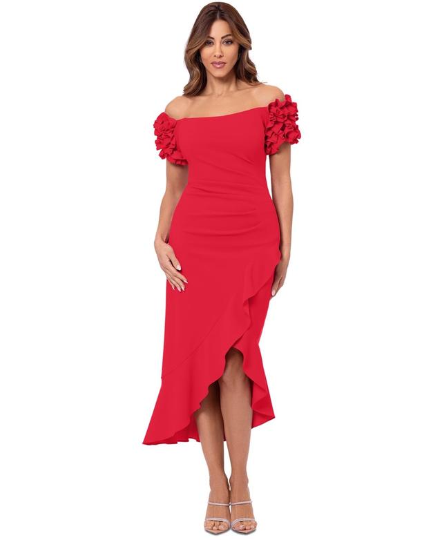 Xscape 3D Ruffle Off-the-Shoulder Ruffle Front Ruched Detail Midi Dress Product Image