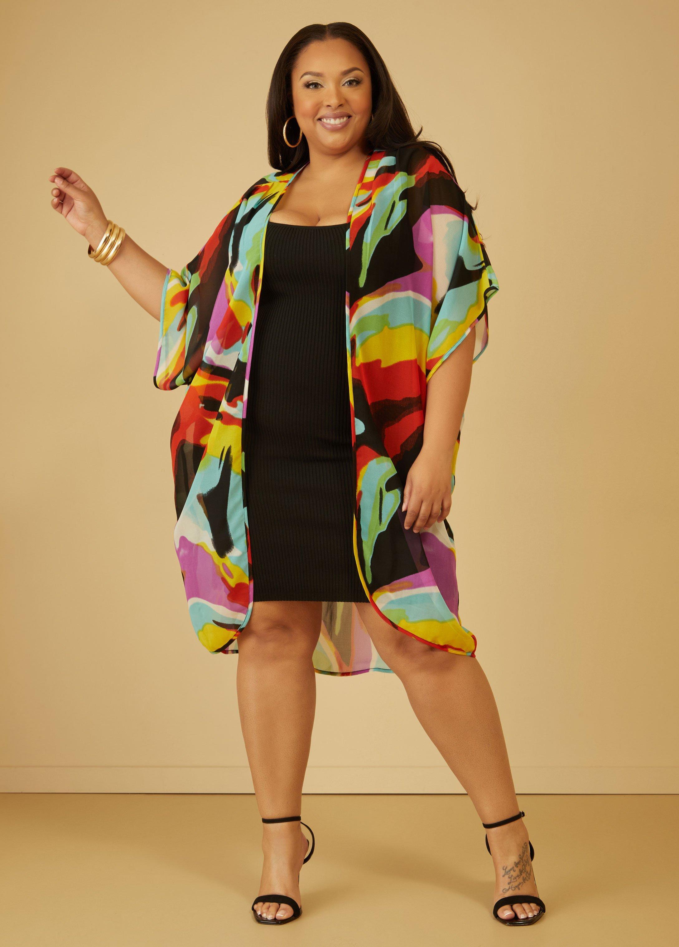 Plus Size Abstract Print Chiffon Kimono Ashley Stewart Product Image