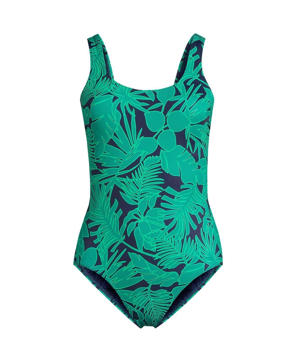 Womens Lands End Tugless Sporty UPF 50 One-Piece Swimsuit Navy Green Paisley Product Image