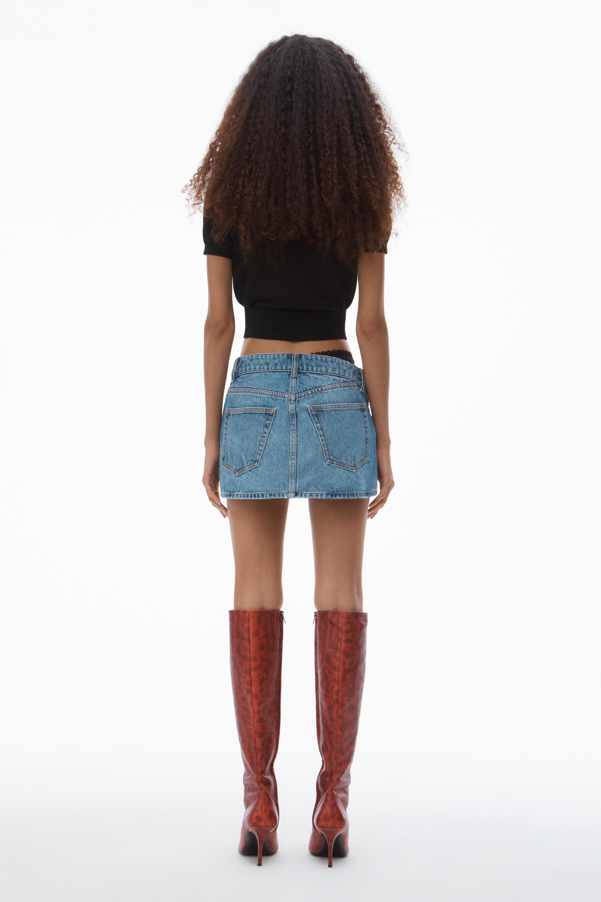 Pre-styled Denim Skirt With Asymmetrical Lace Waistband Product Image