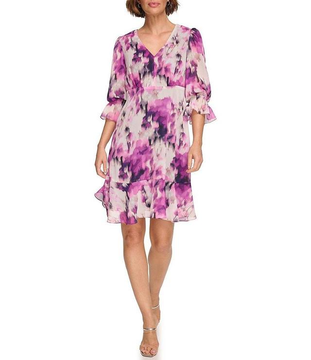 DKNY Petite Size 3/4 Sleeve V-Neck Ruffle Hem Printed Chiffon Empire Waist Dress Product Image