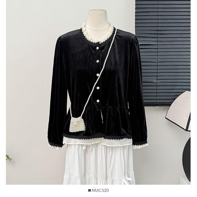 Contrast Ruffle-Trim Velvet Shirt Product Image