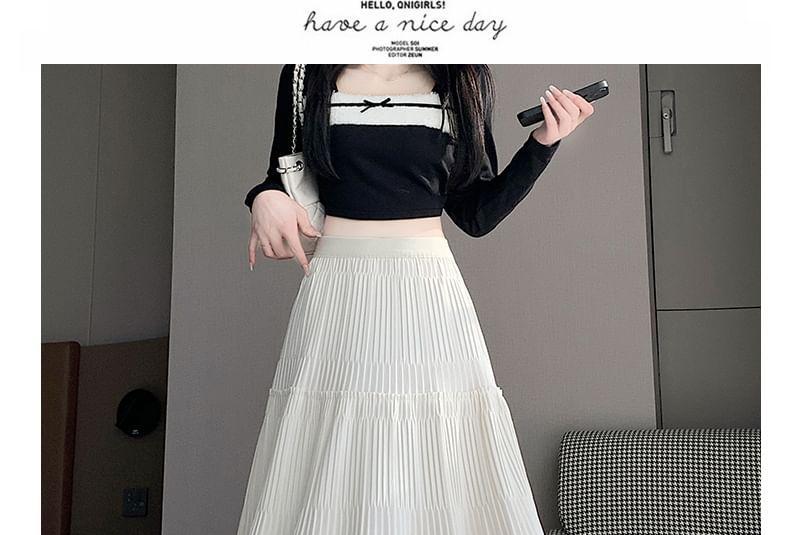 Elastic Waist Plain Tiered Midi A-Line Skirt Product Image