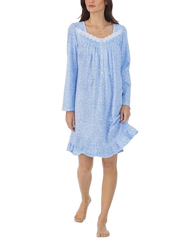 Eileen West Floral Print Lace Trim Long Sleeve Jersey Nightgown Product Image