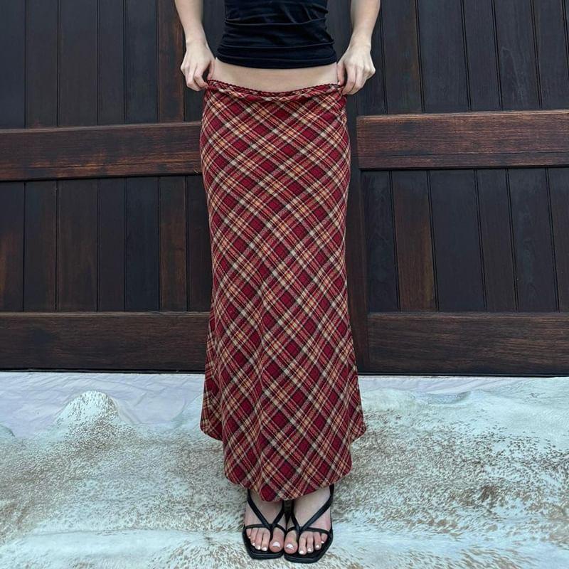 High Waist Plaid Maxi A-Line Skirt Product Image