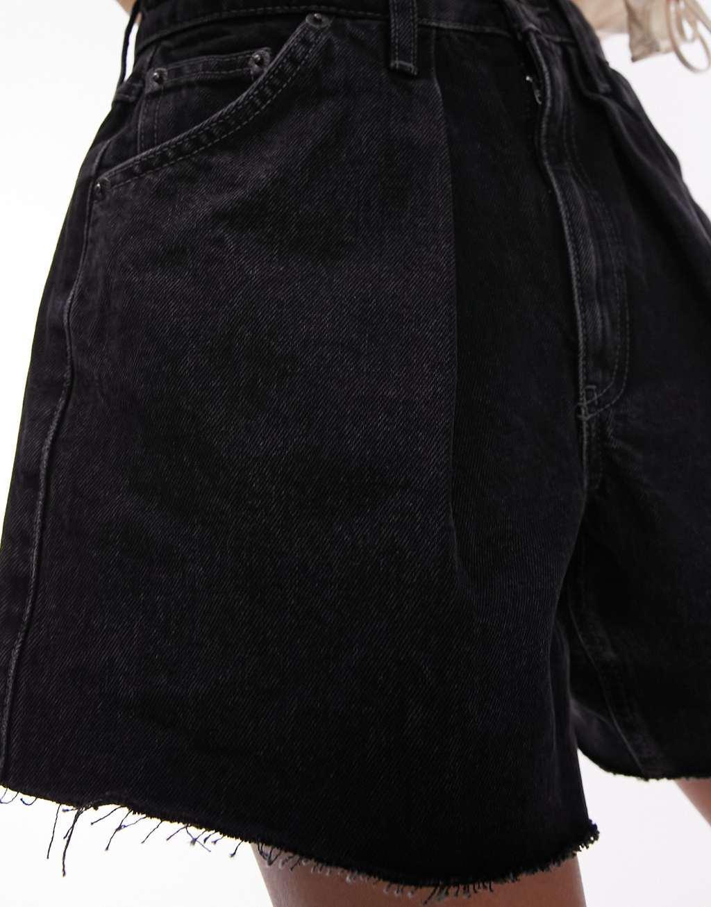 Topshop denim pleat shorts in washed black Product Image