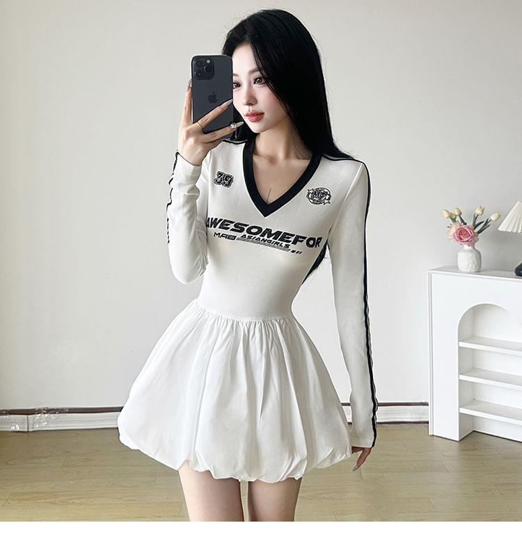 Long-Sleeve V-Neck Lettering Striped Mini A-Line Dress Product Image