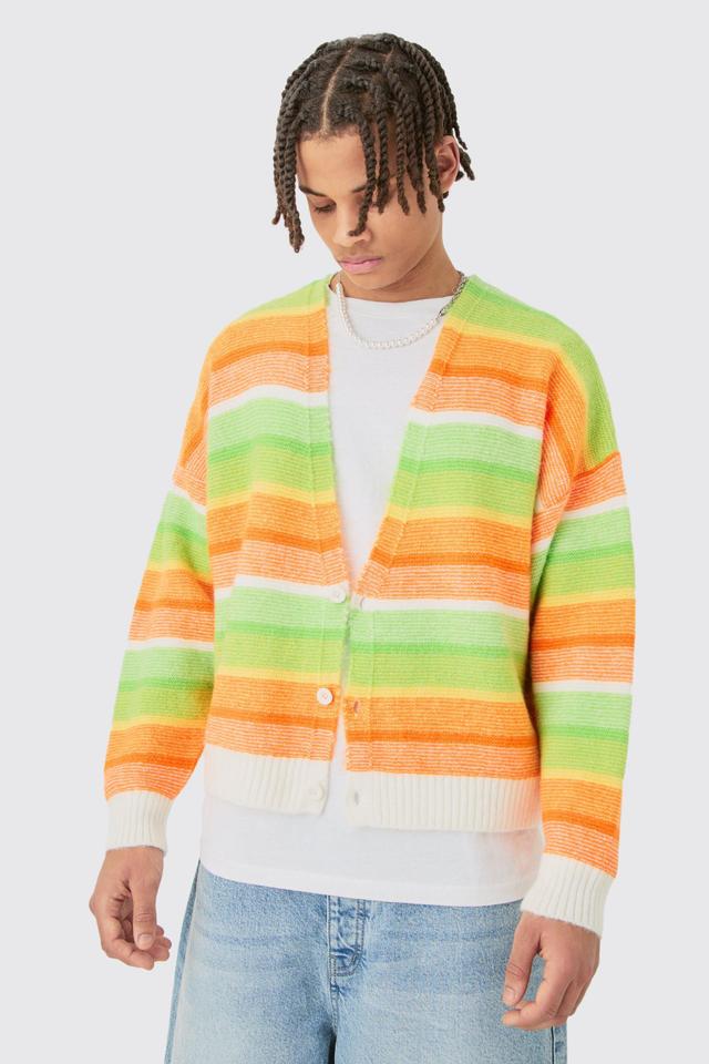 Mens Boxy Brushed Striped Cardigan In Orange, Orange Product Image