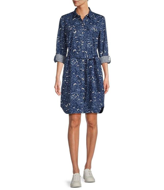 L.L.Bean Print Point Collar Long Roll Tab Sleeve Pocketed Button Front Belted Shirt Dress Product Image