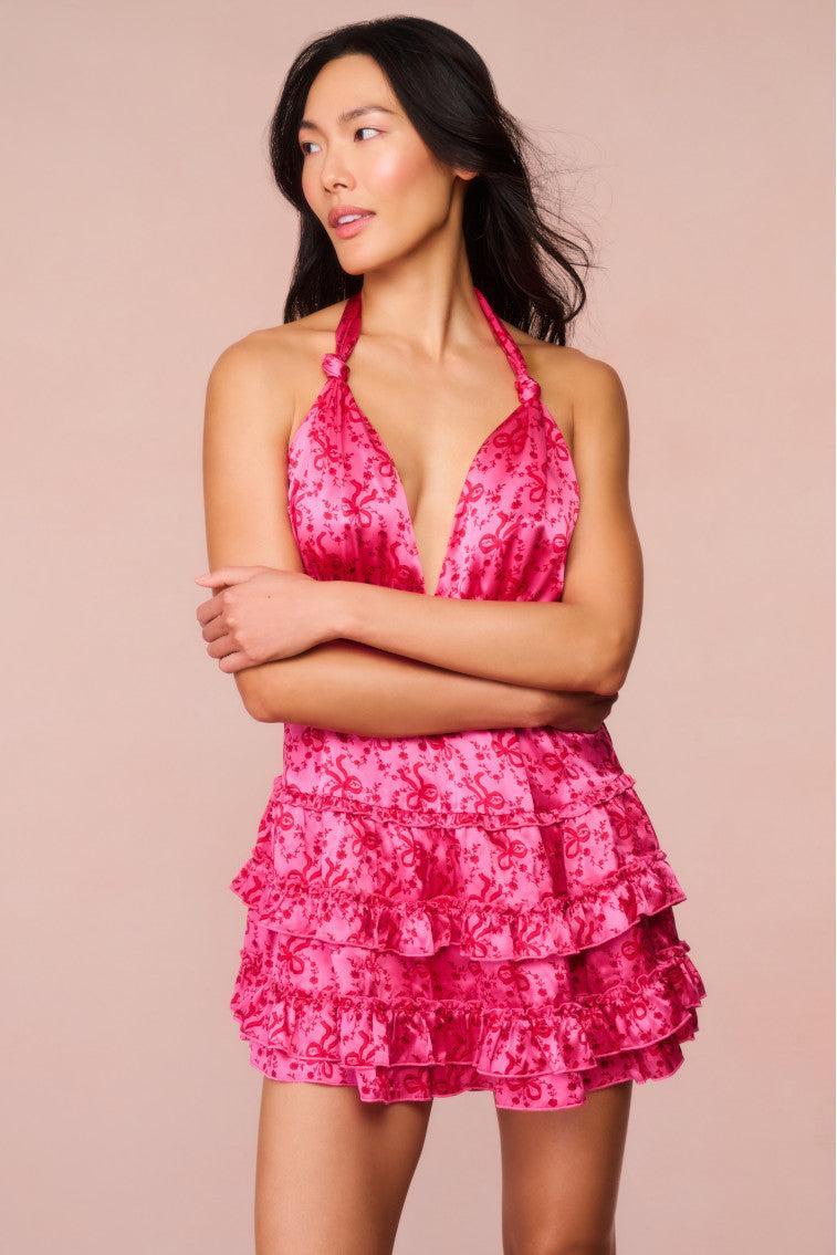 Quintelle Silk Bow-Printed Halter Mini Dress Product Image