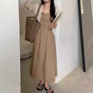 Plain Crop Cardigan / Sleeveless Maxi A-Line Dress Product Image