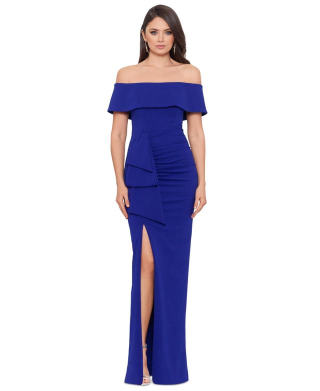 Xscape Off-the-Shoulder Ruched Ruched Waist Scuba Crepe Thigh High Slit Gown Product Image