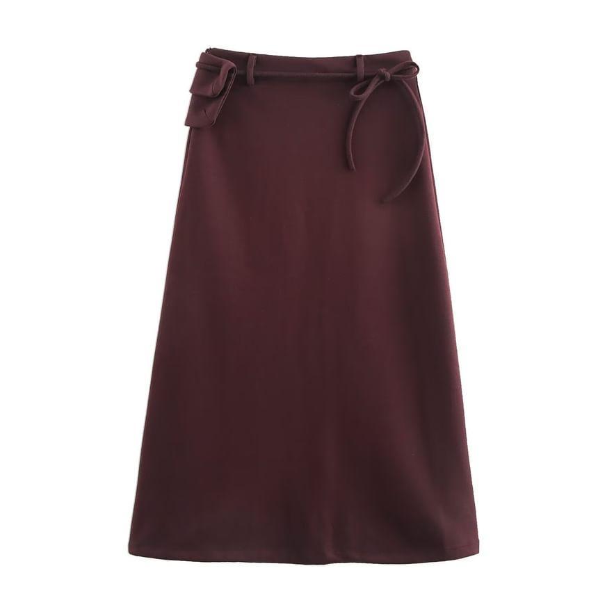 Drawstring Waist Plain Pocket Detail Midi A-Line Skirt Product Image