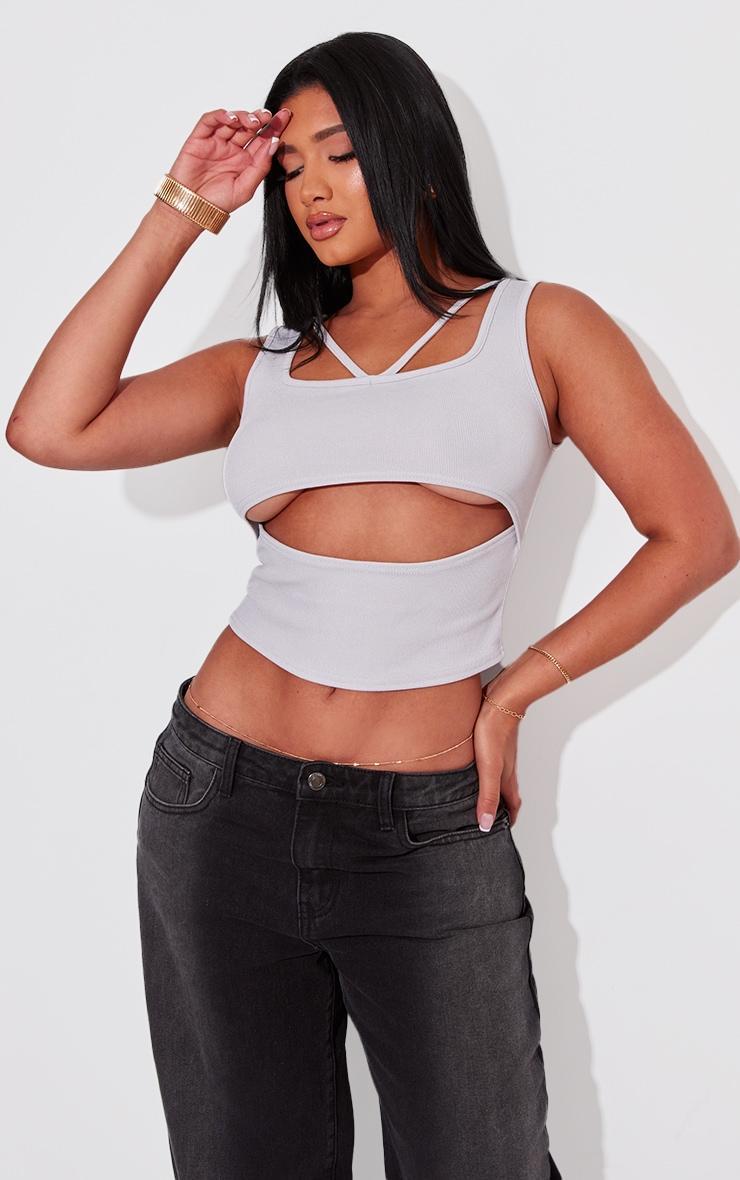 Shape Light Grey Ribbed Strap Detail Cut Out Crop Top product image