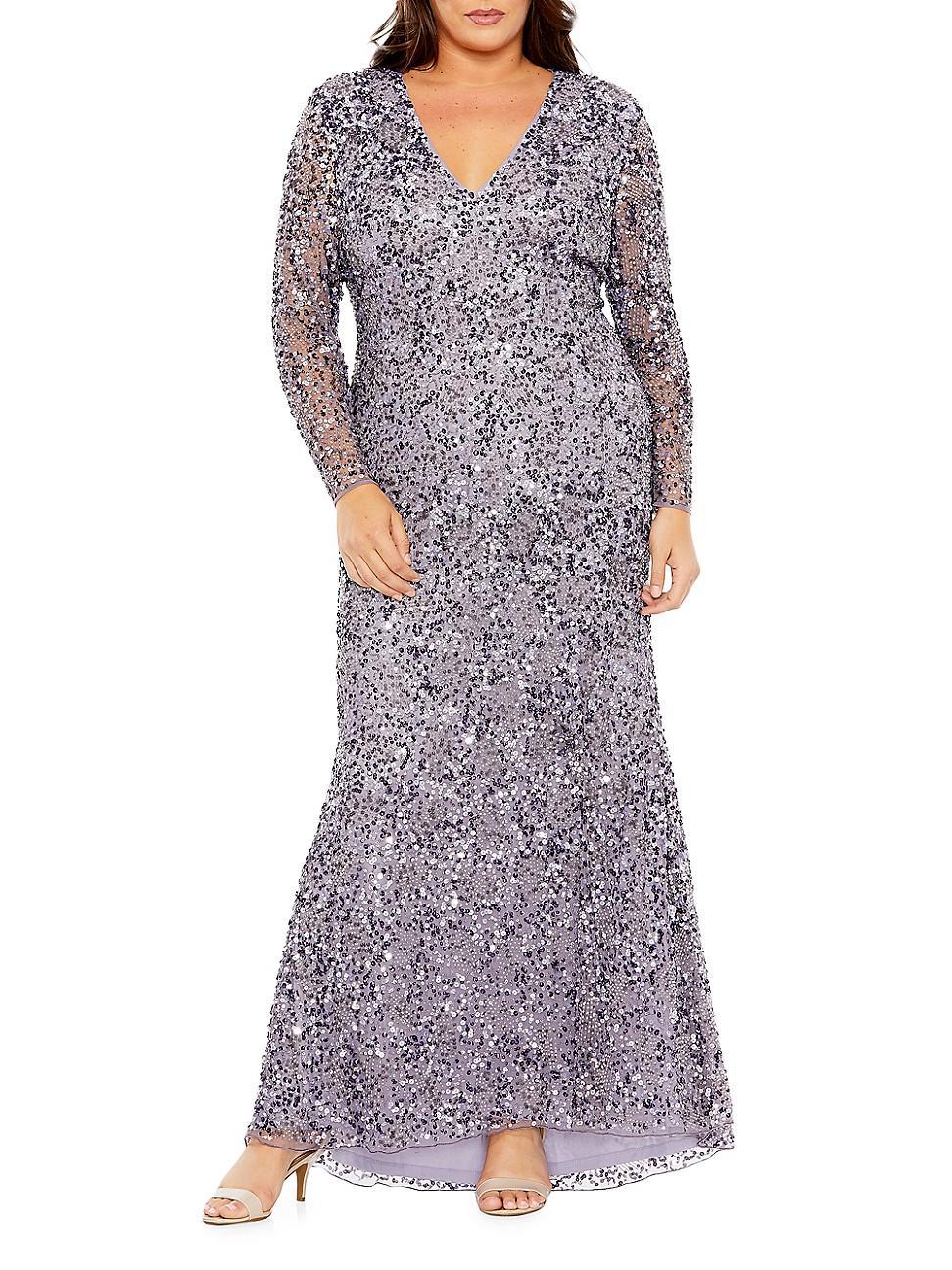 Womens Plus Size V-Neck Sequin Embellished Long-Sleeved Gown Product Image