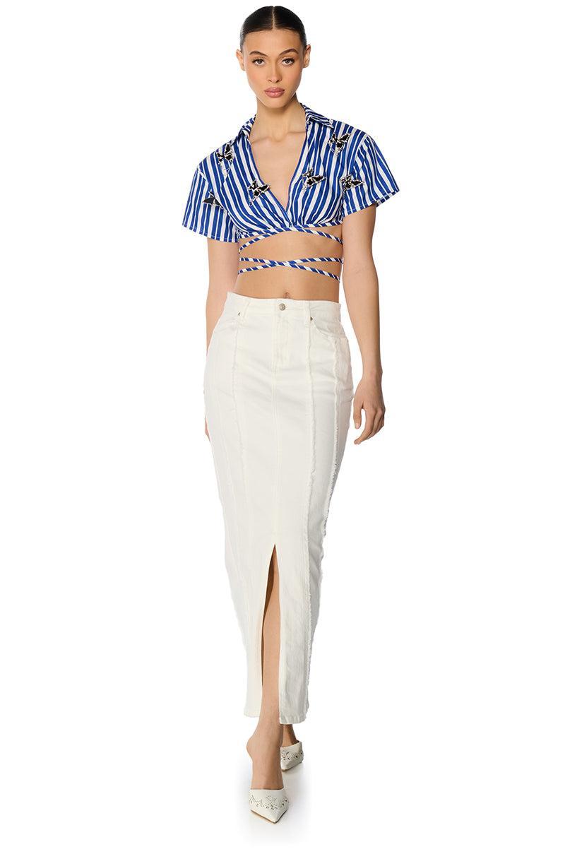 LENI STRIPED EMBELLISHED TIE FRONT BLOUSE Product Image