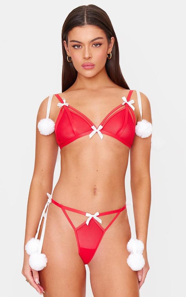 Red Mesh Christmas Pom Pom Lingerie Set Product Image