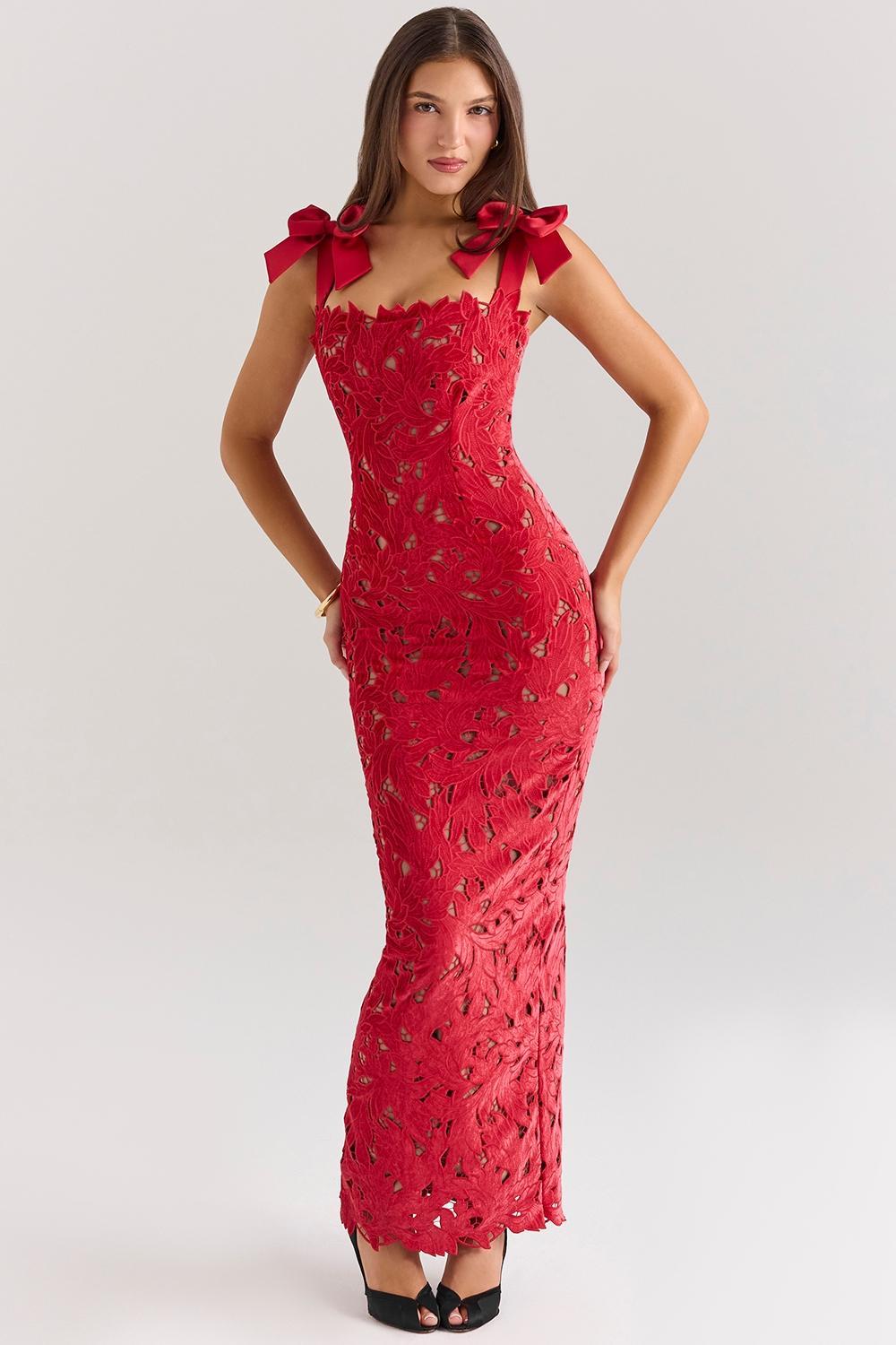 Tiff Holly Red Velvet Lace Maxi Dress Product Image