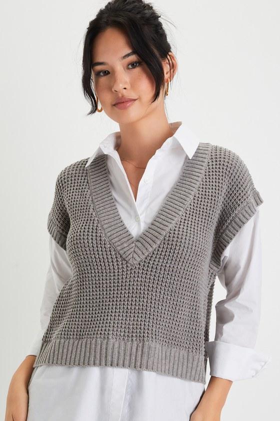 Academic Aesthetic White and Grey Layered Sweater Vest Top Product Image