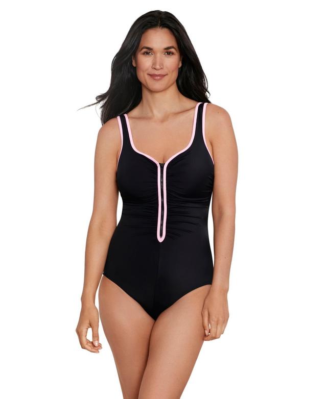 ShapeSolver by Penbrooke Womens ShapeSolver Sport Color Coated Shirred Zipper One Piece Swimsuit Product Image