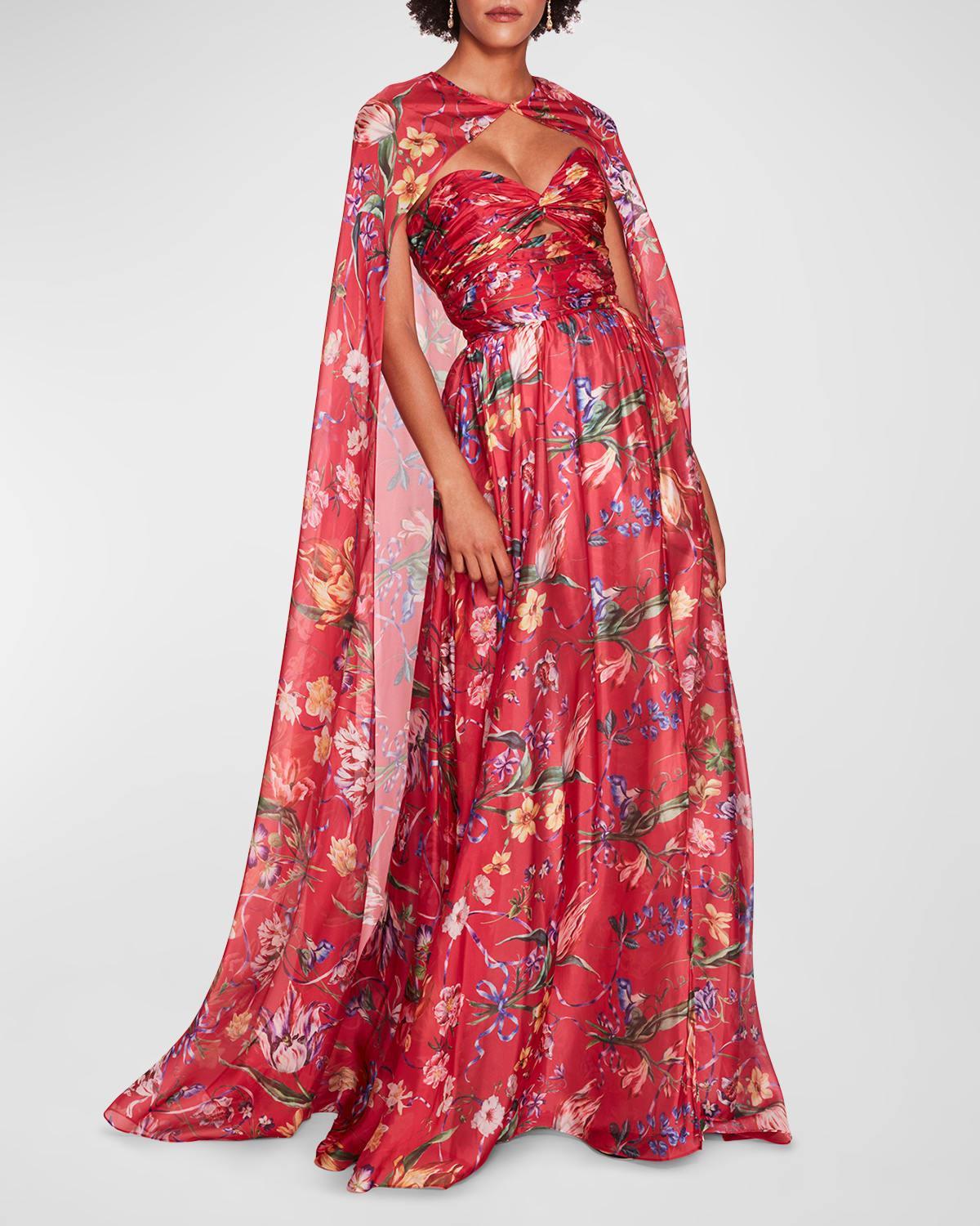 Cutout Floral-Print Sweetheart Cape Gown Product Image