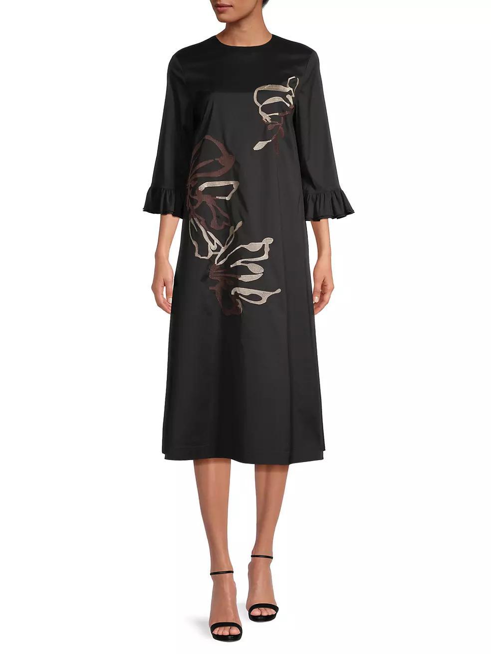 Floral-Embroidered Shift Midi-Dress Product Image