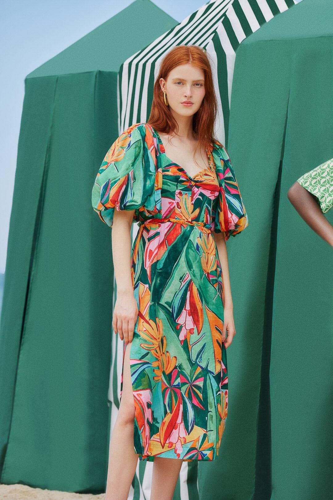 Multicolor Banana Foliage Puff Sleeve Midi Dress Product Image