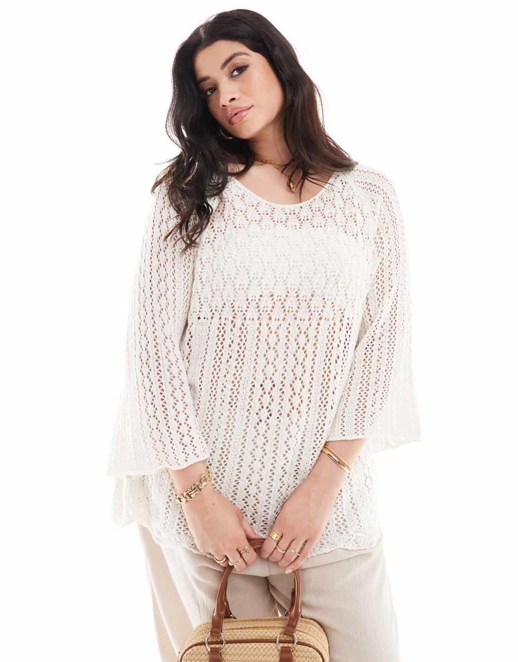 Only Curve 3/4 sleeve knit top in off white   Product Image