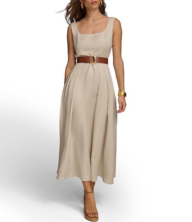 Donna Karan Sleeveless Square Neck Belted Midi Linen Sheath Dress Product Image